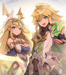 1boy 1girl absurdres anniversary armor bare_shoulders black_gloves blonde_hair blue_eyes breasts brother_and_sister cleavage cowlick dragalia_lost euden fingerless_gloves gloves gonzarez green_eyes hair_between_eyes highres large_breasts long_hair looking_at_viewer official_alternate_costume open_mouth outstretched_hand reaching reaching_towards_viewer siblings smile twins very_long_hair zethia