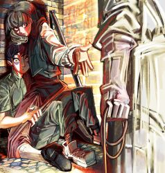 1girl 2boys :c black_footwear black_hair blunt_bangs bon99bunny brick_wall brown_hair closed_mouth cobblestone commentary english_text fear_&amp;_hunger_(series) fear_&amp;_hunger_2:_termina green_jumpsuit gun head_out_of_frame hetero highres holding jumpsuit levi_(fear_&amp;_hunger) long_sleeves marina_(fear_&amp;_hunger) medium_hair multiple_boys needles_(fear_&amp;_hunger) outstretched_arm peril pink_skirt rifle shadow shirt shirt_tucked_in shoes short_hair skirt socks straddling weapon white_footwear white_shirt white_socks yellow_eyes