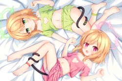 2girls absurdres barefoot blonde_hair blue_archive green_eyes halo highres loli lying midori_(blue_archive) momoi_(blue_archive) multiple_girls navel panties shirt shorts siblings sisters striped_clothes striped_panties tail toes twins underwear uro30