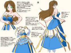 Rule 34 | 1girl, arch bishop (ragnarok online), blue dress, breasts, brown hair, cleavage, closed mouth, commentary request, cowboy shot, cross, dress, expressionless, green eyes, long hair, medium breasts, pointing out the details, ragnarok online, sash, shrug (clothing), simple background, strapless, strapless dress, tatsumi ray, translation request, yellow sash