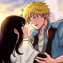 1boy 1girl black_hair blonde_hair chainsaw_man collared_shirt denji_(chainsaw_man) hetero highres hunnymzdraws long_hair long_sleeves looking_at_another mitaka_asa open_mouth red_eyes shirt short_hair simple_background twitter_username white_shirt