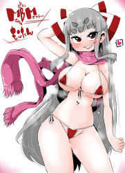 1girl arm_behind_head bikini blunt_bangs bow breasts contrapposto cowboy_shot female_focus fujiwara_no_mokou grey_hair hair_bow head_tilt highres large_breasts long_hair looking_at_viewer navel pink_scarf red_bikini scarf sidelocks skindentation smile solo swimsuit takeu thighs touhou very_long_hair wide_hips
