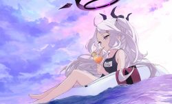 1girl absurdres ahoge barefoot black_halo blue_archive blush cloud cloudy_sky demon_girl demon_horns halo highres hina_(blue_archive) hina_(swimsuit)_(blue_archive) horns kamo_(pixiv_14204392) long_hair looking_at_another ocean old_school_swimsuit on_innertube purple_eyes school_swimsuit sky solo sunset swimsuit white_hair