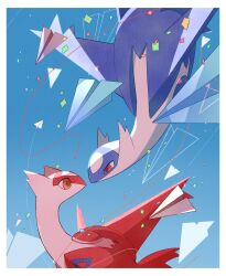 blue_background blue_wings border confetti dragon gen_3_pokemon gradient_background highres latias latios legendary_pokemon midair nintendo no_humans paper_airplane pokemon pokemon_(creature) red_wings soke_sa white_border wings