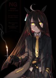 Rule 34 | 1girl, animal ears, belt, black background, black belt, black choker, black coat, black gloves, black skirt, black vest, candle, candlestand, choker, coat, collared shirt, crossed bangs, fire, gloves, hair between eyes, hand in pocket, hand up, hem peeking out, highres, holding candlestand, horse ears, horse girl, long hair, long hair between eyes, long sleeves, manhattan cafe (umamusume), necktie, open clothes, open coat, pleated skirt, semicolon chan, shirt, simple background, skirt, smoke, solo, twitter username, umamusume, very long hair, vest, watermark, white shirt, white trim, yellow eyes, yellow necktie