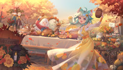 2girls :d ahoge animal animal_ear_fluff animal_ears antlers apple aqua_hair autumn autumn_leaves beer_keg bench blonde_hair blue_dress blue_neckwear blunt_bangs bottle breasts cat_ears character_request cleavage closed_eyes commentary_request cranberry crate cup cupcake deer deer_antlers deme_(karesuki) dress english_text fang floral_print flower food fruit gloves gradient_hair grapes green_hair hair_blowing hair_flower hair_ornament ham highres holding holding_cup holding_food horns jar lanmewko lantern leaf looking_at_viewer macaron medium_breasts muffin multicolored_hair multiple_girls open_mouth orange_(fruit) orange_slice original outdoors pear pie pumpkin purple_eyes red_ribbon red_shirt ribbon scarecrow shirt sidelocks smile standing table tablecloth teeth thanksgiving tree turkey_(bird) two-tone_hair upper_teeth_only wagon white_gloves white_hair wind wind_lift wine_bottle yellow_dress yellow_leaves