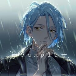 Rule 34 | 1boy, black jacket, blue hair, cloud, cloudy sky, collared jacket, collared shirt, ensemble stars!, fingernails, forehead, hair between eyes, hand on own chin, highres, himeru (ensemble stars!), jacket, jacket partially removed, kitakawayui, lapels, long hair between eyes, looking at viewer, loose hair strand, male focus, notched lapels, open mouth, outdoors, rain, sample watermark, shirt, short hair, sky, smile, solo, suspenders, teeth, upper body, watermark, wet, white shirt, yellow eyes