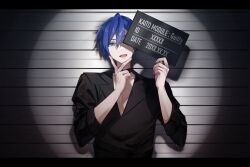 1boy black_choker black_shirt blue_eyes blue_hair choker commentary_request double-parted_bangs english_text hair_between_eyes highres holding holding_sign kaito_(guilty)_(vocaloid) kaito_(vocaloid) lapels long_sleeves looking_at_viewer male_focus mugshot notched_lapels one_eye_covered open_mouth parang_99 shirt short_hair sign solo three-quarter_sleeves upper_body vocaloid
