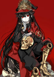 1girl absurdres black_hat black_jacket black_pants cape closed_mouth commentary_request fate/grand_order fate_(series) gloves grey_gloves hand_on_own_face hand_up hat highres jacket long_sleeves looking_at_viewer oda_nobunaga_(fate) oda_nobunaga_(koha-ace) oda_uri pale_skin pants peaked_cap red_cape red_eyes simple_background sitting skull solo xixing_chun