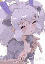 Rule 34 | 1girl, absurdres, animal ears, blush, breasts, captain (kemono friends), dragon ears, dragon girl, dragon horns, dragon tail, extra ears, gloves, grabbing from behind, hair between eyes, half-closed eyes, highres, horns, kemono friends, kemono friends 3, long hair, looking at viewer, masuyama ryou, multicolored horns, navel, nipple rub, nipple stimulation, nipple tweak, open clothes, open mouth, open shirt, purple horns, shirt, small breasts, tail, torogao, white dragon (kemono friends), white hair, yellow horns