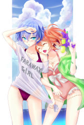 10s 2girls akuma_no_riddle azuma_tokaku blue_eyes blue_hair breasts casual_one-piece_swimsuit cleavage closed_eyes gun holding holding_gun holding_weapon ichinose_haru medium_breasts multiple_girls one-piece_swimsuit open_mouth orange_hair saika_(pixiv8766997) scar see-through_clothes shirt short_hair swimsuit water weapon wet white_shirt yuri