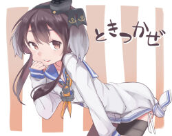 1girl anchor_symbol bent_over black_hair black_thighhighs blue_sailor_collar brown_eyes chain character_name commentary_request dress grey_hair hair_between_eyes hat kantai_collection long_sleeves looking_at_viewer mini_hat mogamiya_honu multicolored_hair neckerchief orange_neckerchief panties ribbon sailor_collar sailor_dress short_hair_with_long_locks side-tie_panties simple_background single_thighhigh sleeves_past_wrists solo thighhighs tokitsukaze_(kancolle) underwear white_dress white_panties