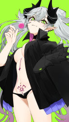 1girl absurdres black_cloak black_panties body_markings breasts candy choker cloak crossed_bangs demon_girl demon_horns demon_wings ear_piercing fate/grand_order fate_(series) food green_eyes grey_hair hair_between_eyes highres horns lilith_(fate) lilith_(second_ascension)_(fate) lollipop long_hair looking_at_viewer ma_ple medium_breasts navel panties piercing pointy_ears smile solo stomach_tattoo tattoo thighs twintails underwear very_long_hair wings