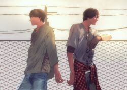 Rule 34 | 2boys, banjou ryuuga, black hair, black shirt, blue pants, brown hair, closed eyes, clothes around waist, commentary, cowboy shot, denim, english commentary, fence, green shirt, grey pants, izu (user tmtu7743), jacket, jacket around waist, jeans, kamen rider, kamen rider build (series), kiryuu sento, male focus, multiple boys, pants, plaid clothes, plaid jacket, power lines, profile, shirt, shirt under shirt, short hair, smile, tokusatsu, utility pole, white background, white shirt