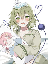 1girl bed_sheet blush collared_shirt commentary dakimakura_(object) drooling green_eyes green_hair green_shirt heart heart_of_string highres holding holding_pillow ice_pack komeiji_koishi komeiji_satori liquid-in-glass_thermometer long_sleeves looking_at_viewer pajamas pillow pink_hair shirt short_hair sick simple_background sleeves_past_fingers sleeves_past_wrists sorani_(kaeru0768) sweat thermometer third_eye touhou visible_air white_background