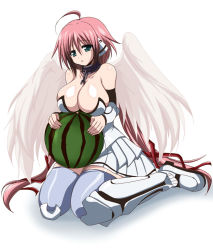 afuro angel_wings bare_shoulders breast_rest breasts cleavage food fruit huge_breasts ikaros long_hair no_bra pink_hair sora_no_otoshimono very_long_hair watermelon wings