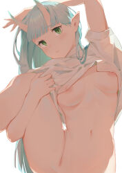 1girl absurdres arm_behind_head blunt_bangs bottomless breasts closed_mouth clothes_lift gradient_horns gravity-q green_eyes green_hair highres holding_own_leg horns leg_up long_hair looking_at_viewer medium_breasts multicolored_horns navel nipples no_bra original out-of-frame_censoring pointy_ears short_sleeves simple_background skin-covered_horns solo thighs white_background