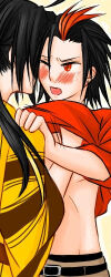 2boys black_hair blush clothes_lift embarrassed hair_streak hideyo_(artist) japanese_clothes kamen_rider kamen_rider_den-o_(series) kimono kintaros long_hair male_focus momotaros multiple_boys nogami_ryoutarou one_eye_closed ponytail portrait possessed possession red_eyes red_shirt shirt shirt_lift shirt_lifted_by_another short_hair spiked_hair sweat sweatdrop technical_selfcest yaoi