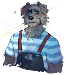 1boy animal_ears blush commentary dawntide dog_boy dog_ears earrings eenocs english_commentary flying_sweatdrops furry furry_male highres jewelry male_focus overalls ranzo_(dawntide) shirt single_earring striped_clothes striped_shirt upper_body white_background