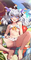 1girl :d absurdres ahoge bare_arms bare_legs bare_shoulders barefoot beach bikini bikini_skirt blue_eyes blue_sky blush bottle breasts collarbone commentary contrail day dragon_tail fangs feet food front-tie_bikini_top front-tie_top fruit full_body fur-tipped_tail hair_between_eyes hair_ribbon highres japari_symbol kemono_friends long_hair looking_at_viewer melaton navel open_mouth outdoors ribbon sitting sky small_breasts smile solo spread_legs stomach swimsuit tail toes twintails watermelon white_bikini white_dragon_(kemono_friends) white_hair