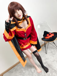Rule 34 | 1girl, absurdres, asymmetrical legwear, belt, belt collar, black cape, black gloves, black hat, black socks, breasts, brown hair, cape, carpet, collar, contrapposto, cosplay, cosplay photo, dress, eyelashes, feet, fingerless gloves, full body, gloves, hat, highres, indoors, kneehighs, kono subarashii sekai ni shukufuku wo!, leaning forward, lips, looking at viewer, megumin, megumin (cosplay), mismatched legwear, photo (medium), red dress, red eyes, single kneehigh, single sock, small breasts, smile, socks, solo, staff, standing, stelarhoshi, toes, unworn hat, unworn headwear, v, wall, witch hat