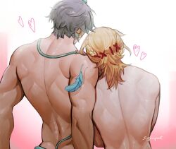 2boys alhaitham_(genshin_impact) artist_name back back_focus blue_feathers braid feathers genshin_impact grey_hair hair_ornament heart highres kaveh_(genshin_impact) male_focus multiple_boys muscular muscular_male shiny_skin short_hair sippycupart third-party_source toned toned_male topless_male x_hair_ornament