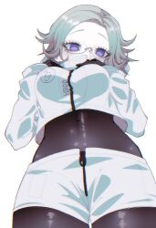 1girl aotsuki_eito black_bodysuit black_gloves blue_eyes bodysuit breasts crop_top eyelashes female_focus from_below genderswap genderswap_(mtf) glasses gloves jacket large_breasts long_sleeves looking_at_viewer looking_down parted_lips shirt shorts solo solo_focus the_hundred_line_-last_defense_academy- white_background white_hair white_jacket white_shirt white_shorts zipper zipper_pull_tab