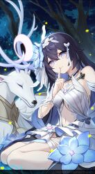 1girl animal bare_shoulders blue_flower breasts bug chest_tattoo chinese_commentary colored_inner_hair commentary_request crescent crescent_hair_ornament deer dress eyeshadow firefly flower forest hair_between_eyes hair_ornament highres honkai_(series) honkai_impact_3rd horns insect kneeling logo long_hair looking_at_viewer makeup multicolored_hair nature night official_art official_wallpaper on_floor on_grass outdoors red_eyeshadow seele_vollerei seele_vollerei_(herrscher_of_rebirth) sleeping small_breasts smile star_(sky) tattoo tree white_dress white_headwear