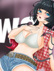 absurdres belt blue_eyes blush breasts brown_belt cosplay denim denim_shorts gingham gingham_shirt highres jane_doe_(zenless_zone_zero) kinkandink kwon_eun-bi large_breasts looking_at_viewer mouse_girl mouse_tail navel shorts sideboob tail zenless_zone_zero