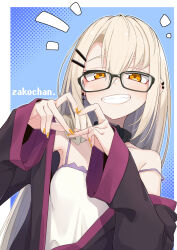 1girl breasts commentary_request cosplay cross cross_earrings dress earrings four-finger_heart_hands glasses heart heart_hands highres irene_(ogami_kazuki) irene_(ogami_kazuki)_(cosplay) jacket jewelry long_hair looking_at_viewer off_shoulder ogami_kazuki open_clothes open_jacket orange_eyes orange_nails original small_breasts smile solo teeth upper_body zako-chan_(yamasemi_(yy8023))
