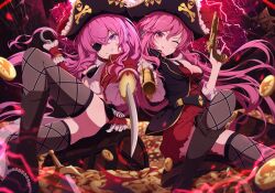 Rule 34 | 2girls, bemani, boots, breasts, coin, epaulettes, eyepatch, grace (sound voltex), gun, hat, highres, holding, holding weapon, lace, lace legwear, lida vv, long hair, looking at viewer, multiple girls, one eye closed, pink eyes, pink hair, pirate hat, rasis, skirt, smile, sound voltex, sword, thighhighs, tongue, tongue out, weapon
