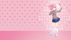 1girl :t arm_up blazer blue_skirt blush breasts brown_sweater_vest button_gap buttons camera_flash cellphone cheek_poking collared_shirt commentary contrapposto doki_doki_literature_club doki_doki_literature_club doki_doki_literature_club_school_uniform dress_shirt english_commentary eyebrows_hidden_by_hair fingernails floating_hair full_body game_cg grey_jacket hair_intakes hair_ornament hair_ribbon hand_on_own_cheek hand_on_own_face highres holding holding_phone jacket kneehighs leaning_forward legs_apart long_eyelashes long_sleeves looking_at_viewer lucidsky mary_janes miniskirt natsuki_(doki_doki_literature_club) neck_ribbon non-web_source official_art official_wallpaper one_eye_closed parted_bangs phone pink_background pink_eyes pink_hair pleated_skirt poking red_ribbon ribbon satchely school_uniform selfie shirt shoes short_hair sidelocks skirt small_breasts smartphone smile socks solo squchan standing sweater_vest taking_picture thighs tsurime two_side_up v-shaped_eyebrows white_shirt white_socks wing_collar x_hair_ornament