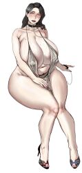 1girl areola_slip black_hair blush breasts choker cleavage collar curvy full_body high_heels highres jewelry leash long_hair looking_at_viewer lukk36651907 mature_female mole mole_on_breast mole_under_eye mole_under_mouth nail_polish original plump sandals simple_background sitting solo swimsuit thick_thighs thighs white_background
