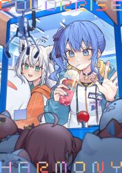 Rule 34 | 2girls, 35p (sakura miko), absurdres, against glass, animal ear fluff, animal ears, aqua eyes, arcade, black shirt, blue eyes, blue hair, blue shrug, bow, braid, collarbone, commentary, crane game, cup, disposable cup, double-parted bangs, drawstring, drinking, drinking straw, english commentary, english text, fox ears, fox girl, fox tail, from below, fubumicomet (hololive), fubuzilla (shirakami fubuki), hair between eyes, hair bow, hand on glass, highres, hololive, hololive super expo 2025 outfit, hood, hood down, hooded jacket, hoshimachi suisei, jacket, kintoki (sakura miko), light blush, long hair, long sleeves, multiple girls, official alternate costume, orange shrug, perspective, pink hair, sakura miko, shirakami fubuki, shirt, shrug (clothing), side braid, side ponytail, single braid, stuffed animal, stuffed toy, tail, title, tongue, tongue out, tsukino (nakajimaseiki), virtual youtuber, white hair