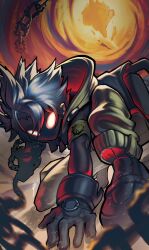 Rule 34 | 1boy, absurdres, armband, belt pouch, black boots, boots, chain, floating island, gachiakuta, gloves, grey gloves, highres, hood, male focus, nerdman art, pants, pouch, red eyes, rudo surebrec, shaded face, short hair, solo, spiked hair, white hair, white pants, yellow armband