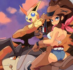 1girl artist_name blue_eyes bra breasts brown_hair cow_girl cowboy_hat denim denim_shorts fangs finger_on_trigger from_behind gen_5_pokemon group_picture gun handgun hat high_ponytail highres holding holding_gun holding_weapon legendary_pokemon long_hair looking_at_viewer looking_back medium_breasts mythical_pokemon nintendo pokemon pokemon_(creature) pokemon_bw ponytail revolver riding short_shorts shorts solo supermondobeat terrakion underwear v victini weapon white_bra