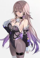 1girl ai-assisted ascot blunt_bangs bodystocking breasts brown_hair cowboy_shot detached_sleeves gradient_hair groin hair_ornament herta_(honkai:_star_rail) highres honkai:_star_rail honkai_(series) jewelry key key_necklace leotard long_hair medium_breasts multicolored_hair necklace poki_(j0ch3fvj6nd) purple_eyes purple_hair purple_nails sidelocks the_herta_(honkai:_star_rail) white_background x_hair_ornament