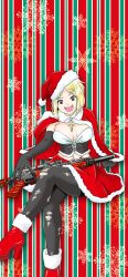 absurdres anonymous_(japanese) black_gloves black_pantyhose blonde_hair bodice boots breasts brown_eyes capelet cross_pendant crossed_legs elbow_gloves fur-trimmed_boots fur-trimmed_capelet fur-trimmed_skirt fur_trim gloves gun hat high_heels highres holding holding_gun holding_weapon japanon looking_at_viewer marichka medium_breasts midriff miniskirt navel non-web_source original pantyhose red_boots red_capelet russo-ukrainian_war santa_hat skirt swastika_tattoo teeth thick_thighs thighs tongue torn_clothes torn_pantyhose weapon