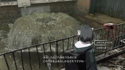 1girl basketball_court basketball_hoop black_hair bridge commentary_request dialogue_options drone facing_away fake_screenshot geyser highres hood hooded_jacket indoors jacket looking_to_the_side lost_property_control_organization_(samidare) original protagonist_(lost_property_control_organization) samidare_(hoshi) short_hair solo t-6407j_(samidare) translation_request water
