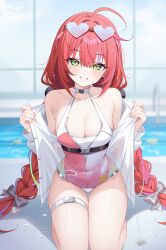 Rule 34 | 1girl, blurry, blurry background, bow, braid, breasts, center-flap bangs, cleavage, collarbone, commentary request, deyui, double-parted bangs, eyewear on head, gradient-tinted eyewear, green eyes, grin, hair between eyes, hair bow, halterneck, heart, heart-shaped eyewear, highres, indoors, jacket, kneeling, long hair, looking at viewer, low twin braids, medium breasts, multicolored hair, off shoulder, official alternate costume, one-piece swimsuit, open clothes, open jacket, pink hair, pink one-piece swimsuit, pool, red hair, smile, solo, straight-on, streaked hair, swimsuit, thigh gap, thigh strap, tile floor, tiles, tinted eyewear, twin braids, two-tone one-piece swimsuit, ukinami yuzuha, ukinami yuzuha (tanuki in broad daylight), very long hair, wet, white bow, white jacket, white one-piece swimsuit, zenless zone zero