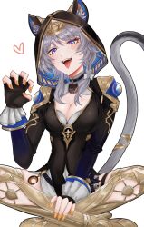 1girl animal_ear_fluff animal_ears animal_hood ba_saashi3 black_gloves black_leotard blue_eyes boots breasts cat_ears cat_girl cat_hood cat_tail cipher_(honkai:_star_rail) commentary_request fingerless_gloves gloves gold_boots grey_hair highres honkai:_star_rail honkai_(series) hood hooded_leotard indian_style large_breasts leotard mole mole_on_breast open_mouth short_hair_with_long_locks simple_background sitting solo tail thigh_boots white_background yellow_nails