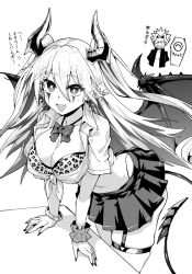Rule 34 | 1boy, 1girl, animal print, bow, bowtie, bracelet, breasts, chibi, cleavage, demon girl, demon horns, demon tail, demon wings, duel monster, earrings, edobox, fiendsmith engraver, garter straps, gyaru, highres, horns, jewelry, lacrima the crimson tears, large breasts, leaning forward, leopard print, long hair, miniskirt, multicolored hair, open mouth, pointy ears, scrunchie, shirt, short sleeves, skirt, tail, tied shirt, two-tone hair, wings, wrist scrunchie, yu-gi-oh!