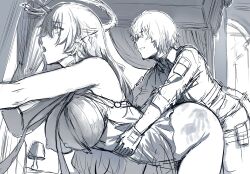 1boy 1girl absurdres bad_tag breasts breasts_out clenched_teeth clothes_pull collared_jacket commentary crown_of_thorns dress earrings english_commentary fleurdelys_(wuthering_waves) floating_earrings from_side gloves handprint hews highres huge_breasts jacket jewelry male_rover_(wuthering_waves) nipples open_mouth pants pants_pull rolling_eyes rover_(wuthering_waves) sex sex_from_behind sleeves_rolled_up standing standing_sex teeth thighs torso_grab wuthering_waves