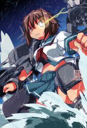 Rule 34 | 1girl, artist logo, blue sailor collar, blue skirt, brown eyes, brown hair, commentary request, cowboy shot, dated, feet out of frame, furutaka (kancolle), glowing, glowing eye, heterochromia, highres, kantai collection, kutone shirika, logo, looking at viewer, machinery, navel, neckerchief, pleated skirt, rain, red neckerchief, sailor collar, school uniform, serafuku, short hair, single thighhighs, skirt, solo, water, yellow eyes