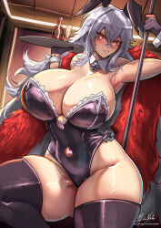 1girl absurdres alcohol animal_ears azur_lane beer beer_bottle black_leotard blush bottle breasts cleavage cross cup detached_sleeves drinking_glass eyebrows_hidden_by_hair fake_animal_ears glasses gloves graf_zeppelin_(azur_lane) hair_between_eyes highres holding holding_tray huge_breasts iron_cross leotard long_hair looking_at_viewer manob0028 playboy_bunny pole rabbit_ears red_eyes sidelocks signature solo stripper_pole thick_thighs thighhighs thighs tray twitter_username white_hair wrist_cuffs