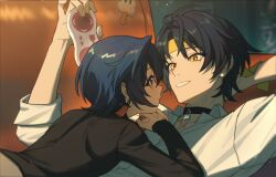 1boy 1girl arm_behind_head arm_up asaba_harumasa belle_(zenless_zone_zero) black_choker black_hair black_shirt blue_eyes blue_hair blurry choker closed_mouth collared_shirt couple depth_of_field earrings eye_contact face-to-face hair_between_eyes headband hetero highres holding interlocked_fingers jewelry light_particles long_sleeves looking_at_another lpp_evemace lying lying_on_person on_back on_stomach own_hands_clasped own_hands_together parted_lips shirt short_hair sleeves_rolled_up smile white_shirt yellow_eyes yellow_headband zenless_zone_zero