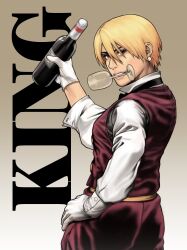 1girl absurdres bartender blonde_hair blue_eyes bottle earrings female_focus formal_clothes from_behind glasses gloves hand_on_own_hip highres jackboo jackboo_ jewelry king_(snk) looking_back pants shirt short_hair suit the_king_of_fighters tuxedo white_shirt