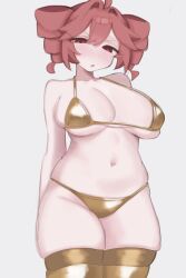 1girl ahoge bikini blush breasts commentary drill_hair gold_bikini gold_thighhighs hair_between_eyes highres kasane_teto large_breasts looking_at_viewer navel open_mouth plump red_eyes red_hair solo swimsuit symbol-only_commentary thick_thighs thighs twin_drills ur_(ur_o_) utau