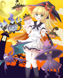 1girl backpack bag black_socks blonde_hair cape chandelure clefairy crobat full_moon gen_1_pokemon gen_2_pokemon gen_4_pokemon gen_5_pokemon gen_6_pokemon hachimi halloween halloween_costume hat lillie_(pokemon) long_hair mismagius moon nintendo open_mouth orange_sky pleated_skirt pokemon pokemon_(creature) pokemon_sm pumpkaboo purple_headwear shirt short_sleeves skirt sky socks white_shirt white_skirt witch_hat