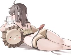 1girl absurdres ahoge ass book brown_hair camisole commentary frilled_camisole frills highres holding holding_book hololive long_hair lying natsuiro_matsuri natsuiro_matsuri_(matsuri&#039;s_day_off) official_alternate_costume on_stomach scarlet_(wv0102) short_shorts shorts simple_background solo strap_slip symbol-only_commentary virtual_youtuber white_background yellow_camisole